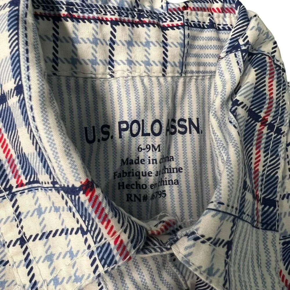 U.S. Polo Assn. 6-9m Patriotic Madras Plaid Romper & Hat